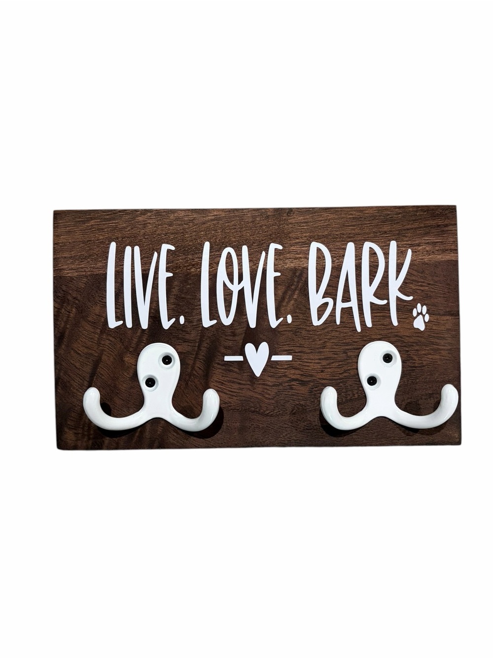 Live. Love. Bark. Wooden Dog Leash Holder - White Hooks